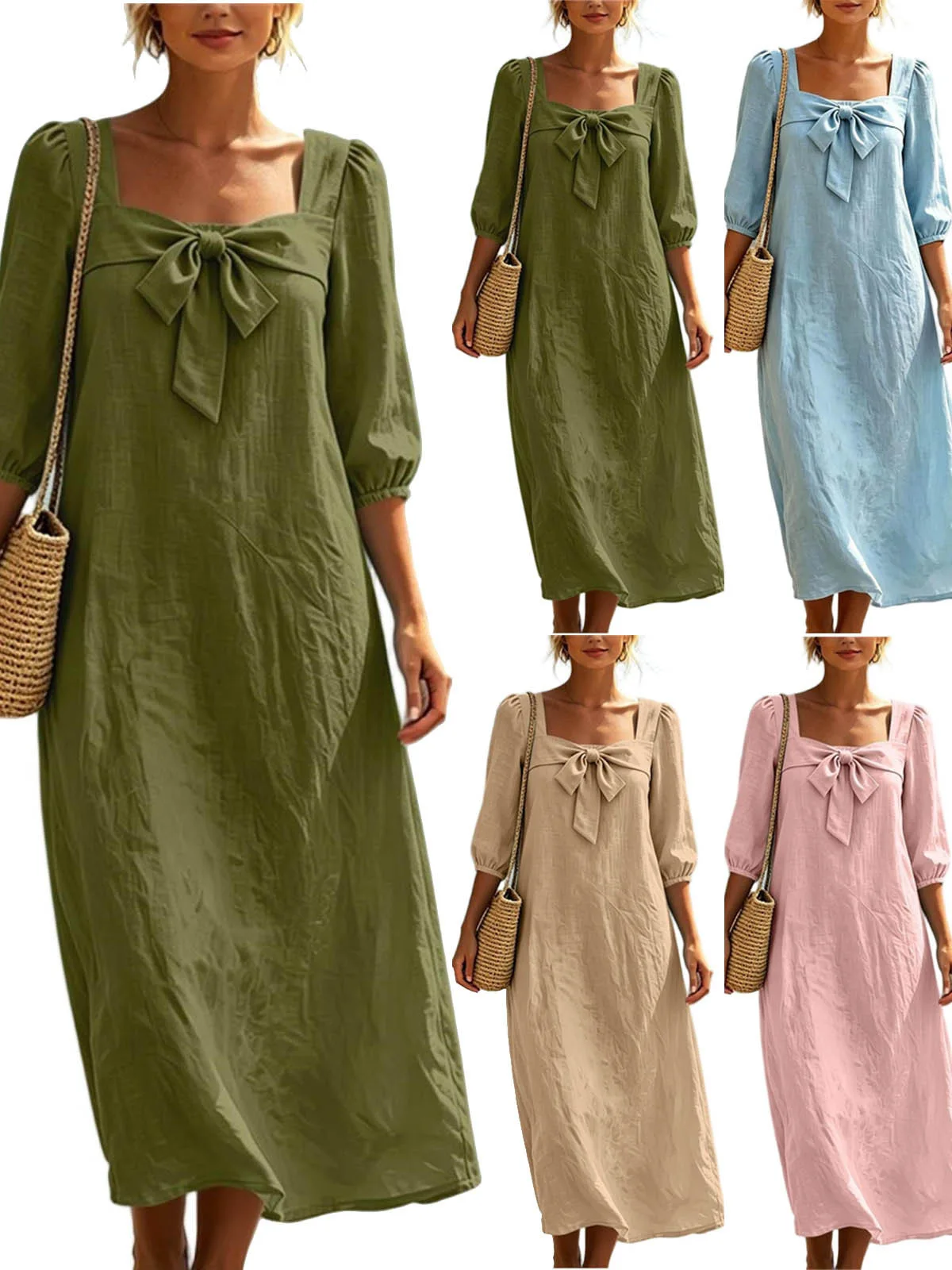 Women Elegant Bow Dress Mid Sleeve Square Neck Sundress Solid Color Mid-Calf Summer Beach Vacation Dress Pleated Loose Cothing
Women Elegant Bow Dress Mid Sleeve Square Neck Sundress Solid Color Mid-Calf Summer Beach Vacation Dress Pleated Loose Cothing