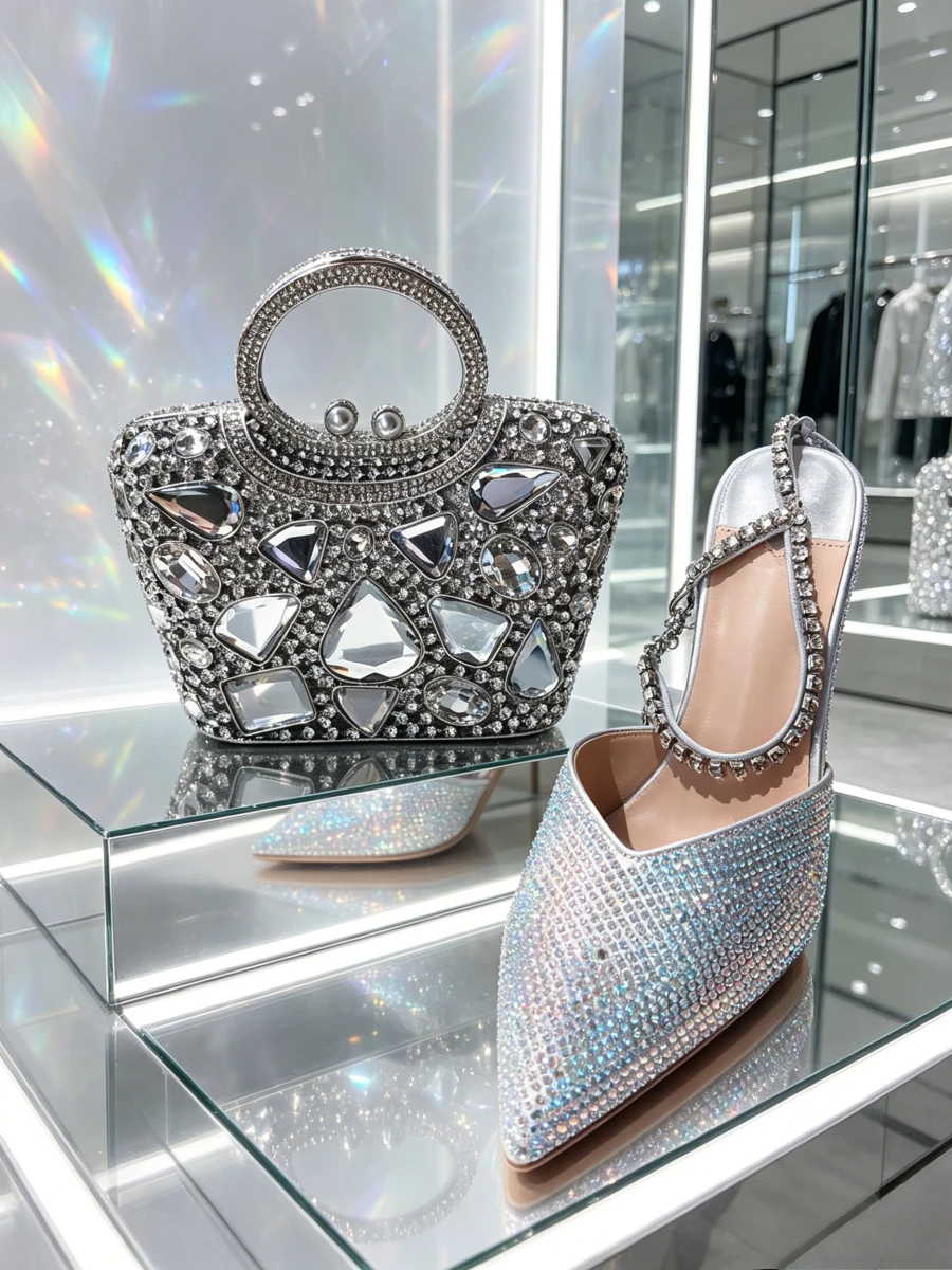 Silver Irregular Gem Ring Handle Clutch Matching AB Full Rhinestone V-Cut Slingback Heels Women Runway Party Shoes Set Chaussure
Silver Irregular Gem Ring Handle Clutch Matching AB Full Rhinestone V-Cut Slingback Heels Women Runway Party Shoes Set Chaussure