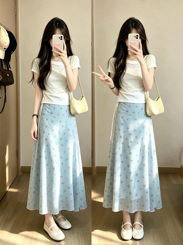 Summer Unique Beautiful White Short Sleeve Floral Half Skirt Set Korean Style Comfortable Loose Fit High Waist Long Skirt
Summer Unique Beautiful White Short Sleeve Floral Half Skirt Set Korean Style Comfortable Loose Fit High Waist Long Skirt