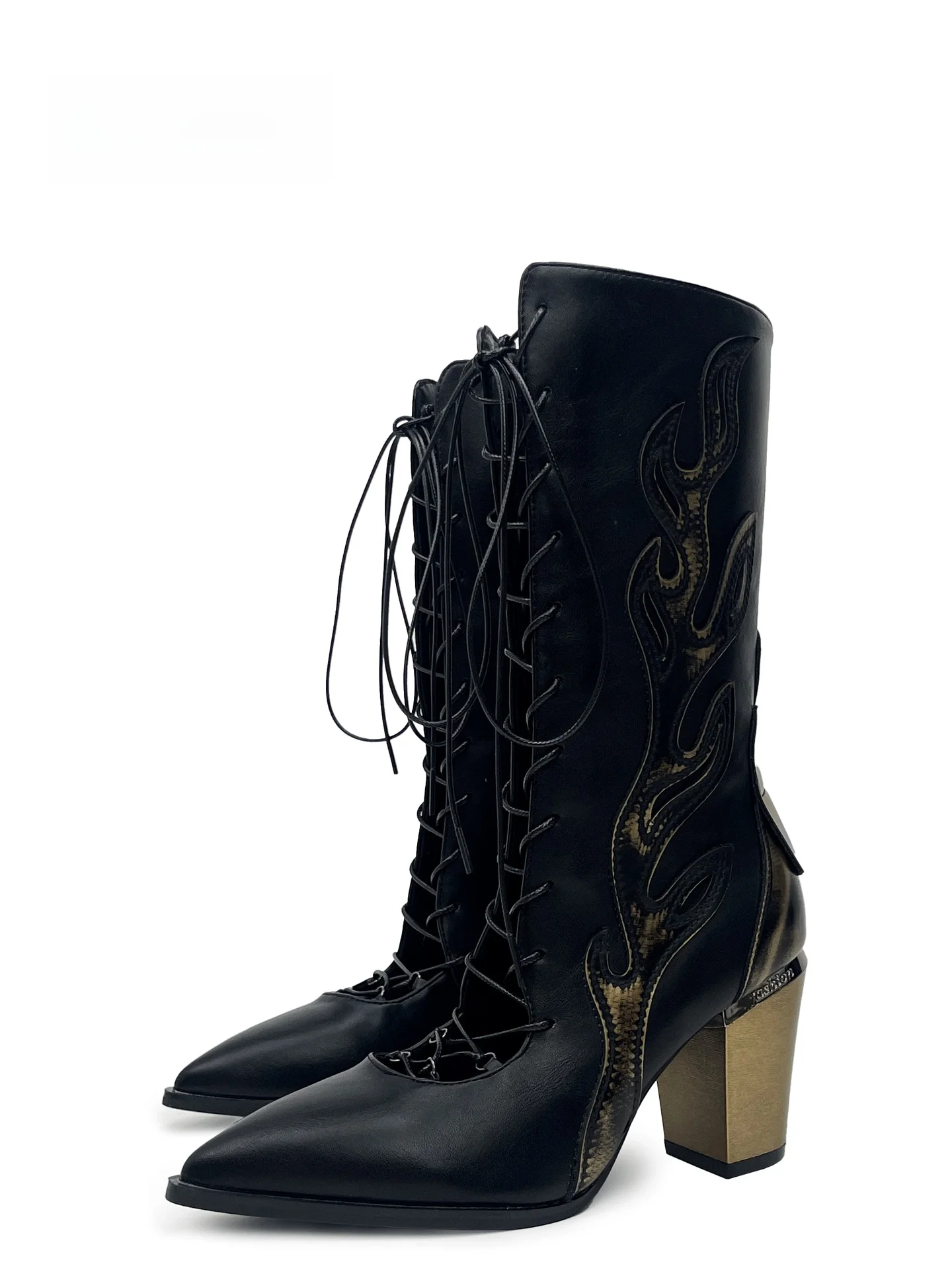 MibVias Western Style High Heel Booties Women's Embroidered Tie Strap Pointed Toe Fashion Mid-Calf Boots Flame Decoration
MibVias Western Style High Heel Booties Women's Embroidered Tie Strap Pointed Toe Fashion Mid-Calf Boots Flame Decoration