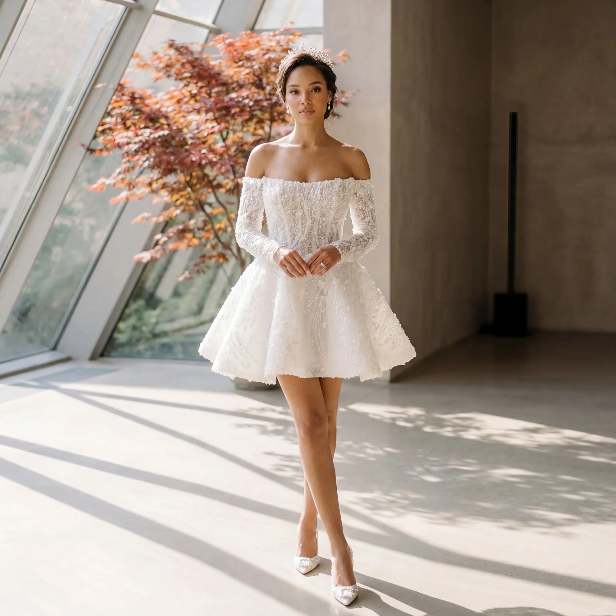 Off Shoulder Short Wedding Dress Long Sleeve Lace Appliques A Line Mini Bridal Gown Backless Bride Robe De Mariée Customized
Off Shoulder Short Wedding Dress Long Sleeve Lace Appliques A Line Mini Bridal Gown Backless Bride Robe De Mariée Customized
