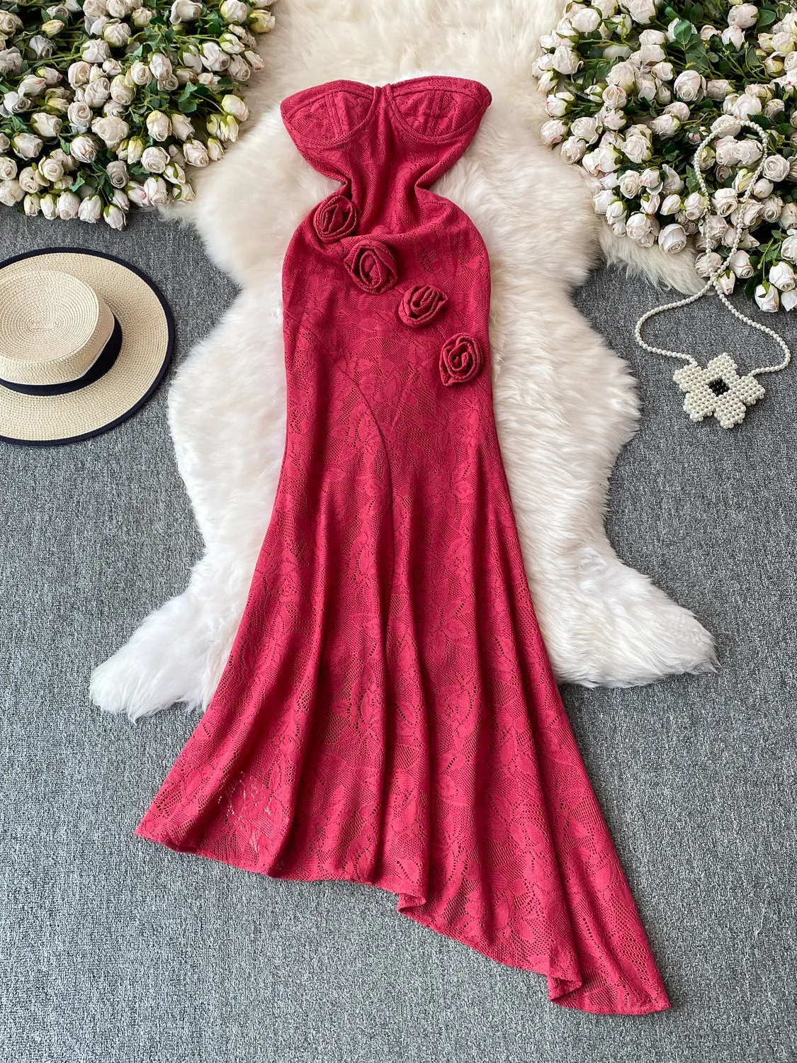 Women's Pink 3D Floral Strapless Evening Dress Vacation Style Irregular Vintage Elegant Off Shoulder Knit Long Dress Summer 2026
Women's Pink 3D Floral Strapless Evening Dress Vacation Style Irregular Vintage Elegant Off Shoulder Knit Long Dress Summer 2026
