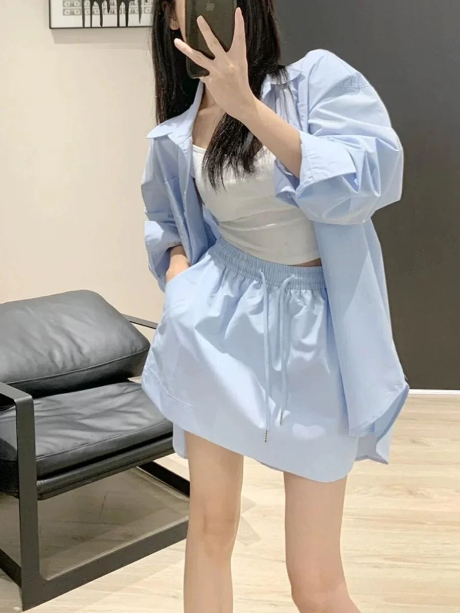 Pure Casual Suit Summer Long Sleeve Loose Shirt Women High-waisted Drawstring Mini Skirt Girl Normcore Sun Proof Clothing Set
Pure Casual Suit Summer Long Sleeve Loose Shirt Women High-waisted Drawstring Mini Skirt Girl Normcore Sun Proof Clothing Set