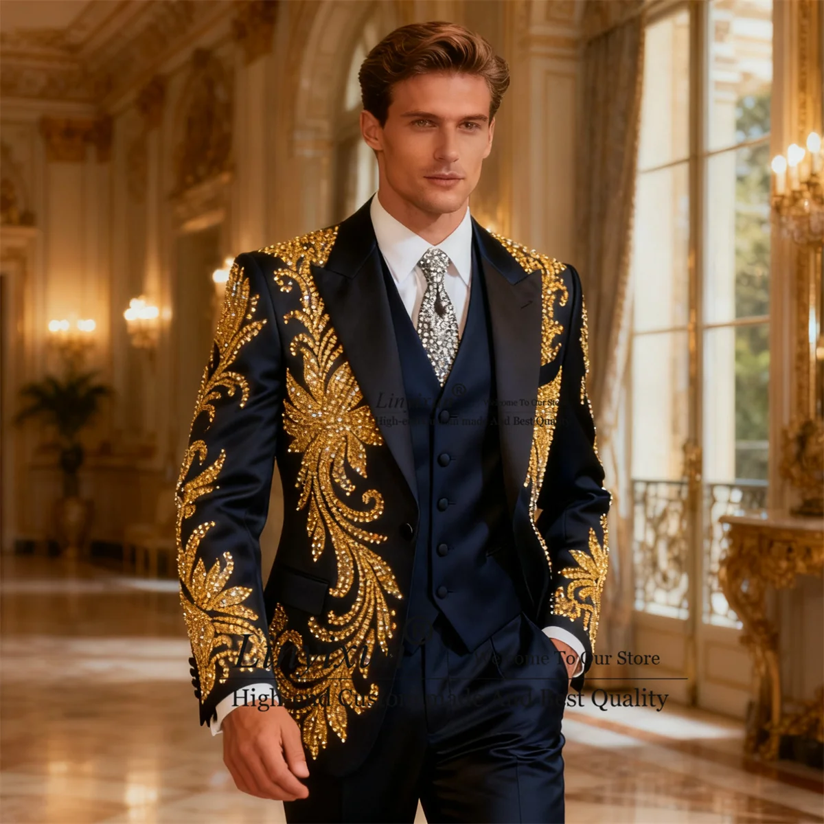 Handsome Slim Fit Men Suits Formal Peaked Lapel Ropa hombre 3 Pieces Sets Groom Male Blazers Rhinestones Beaded Wedding Tuxedos
Handsome Slim Fit Men Suits Formal Peaked Lapel Ropa hombre 3 Pieces Sets Groom Male Blazers Rhinestones Beaded Wedding Tuxedos