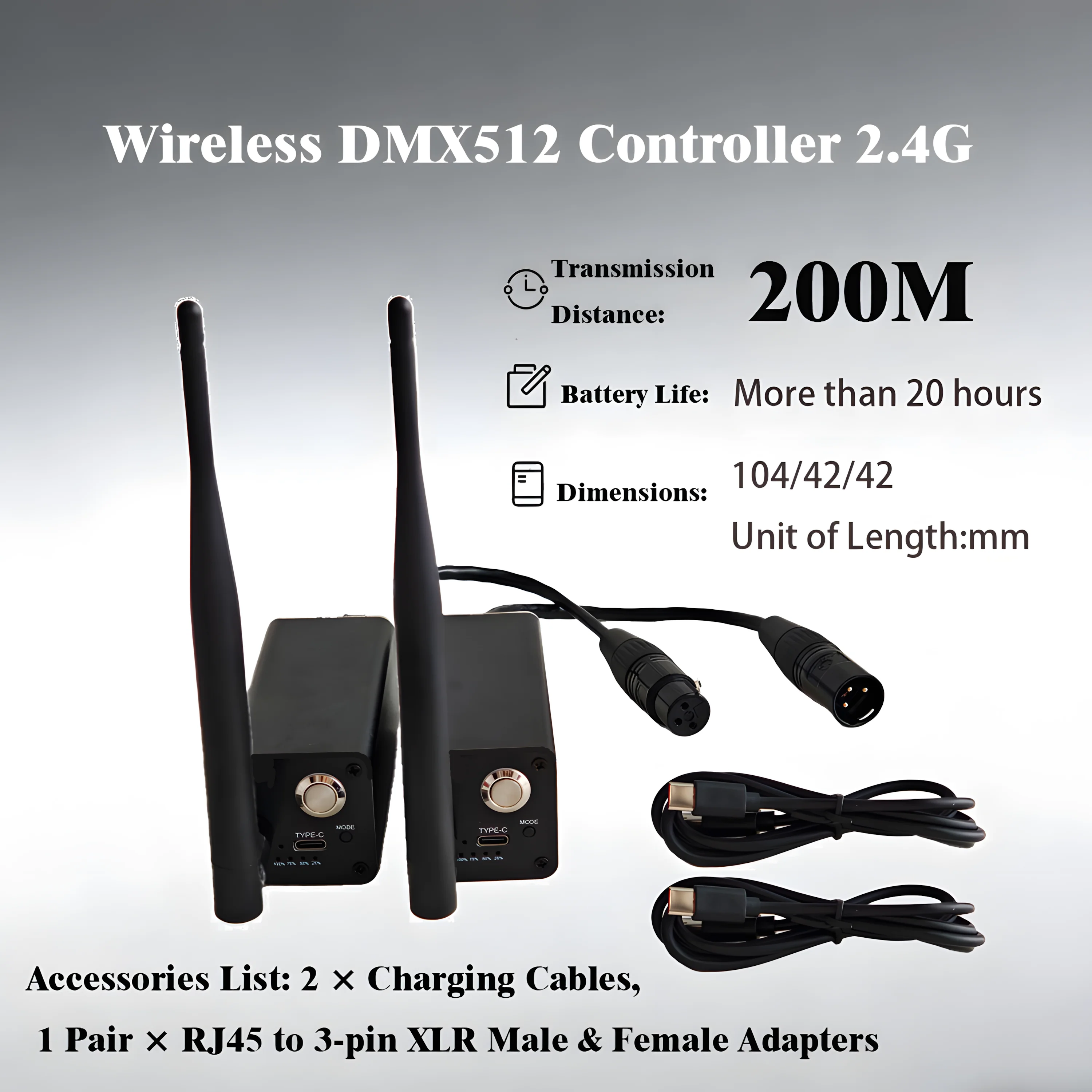 2.4G wireless dmx512 transceiver stage lighting controller with built-in 2500mAh battery charging interface TYPE-C
2.4G wireless dmx512 transceiver stage lighting controller with built-in 2500mAh battery charging interface TYPE-C
