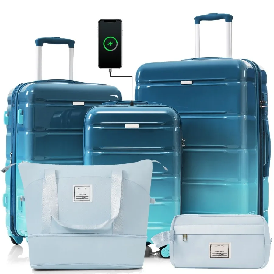 Luggage Sets 5 Piece for travel, ABS+PC hard shell, blue, durable with USB port and spinner wheels
Luggage Sets 5 Piece for travel, ABS+PC hard shell, blue, durable with USB port and spinner wheels