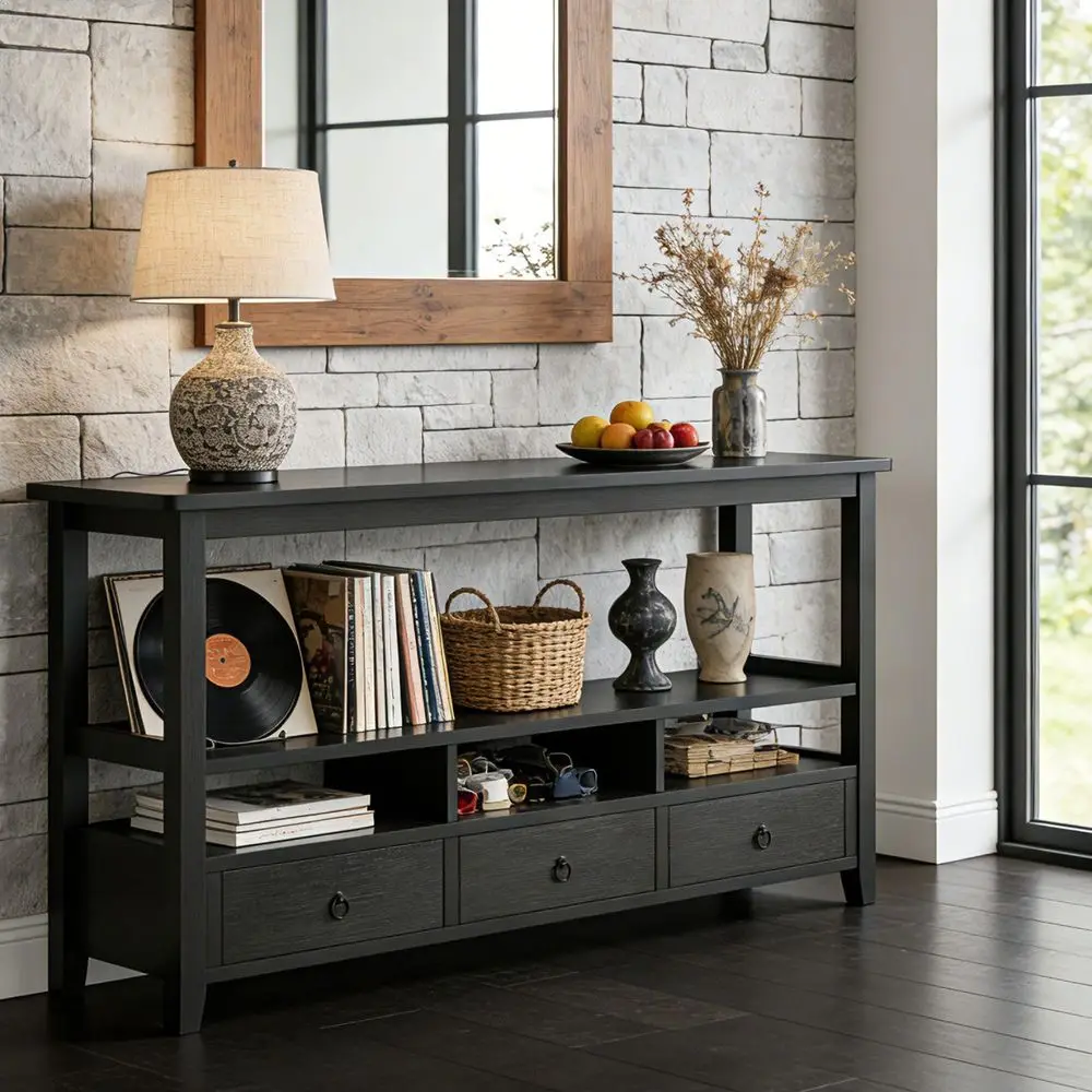 Console Table with 3 Bottom Drawers, 57.9 W Sofa Side Table Entryway Desk with 3 Storage Cubbies 1 Open Shelf, Vintage TV Stand
Console Table with 3 Bottom Drawers, 57.9 W Sofa Side Table Entryway Desk with 3 Storage Cubbies 1 Open Shelf, Vintage TV Stand