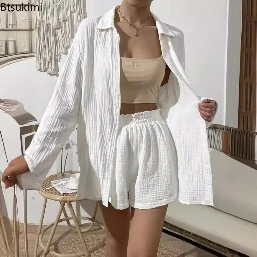 New 100% Cotton Gauze Solid Shorts Sets for Women Summer 2PCS Long Sleeve Shirts and Loose High Waist Mini Shorts Sets Female
New 100% Cotton Gauze Solid Shorts Sets for Women Summer 2PCS Long Sleeve Shirts and Loose High Waist Mini Shorts Sets Female