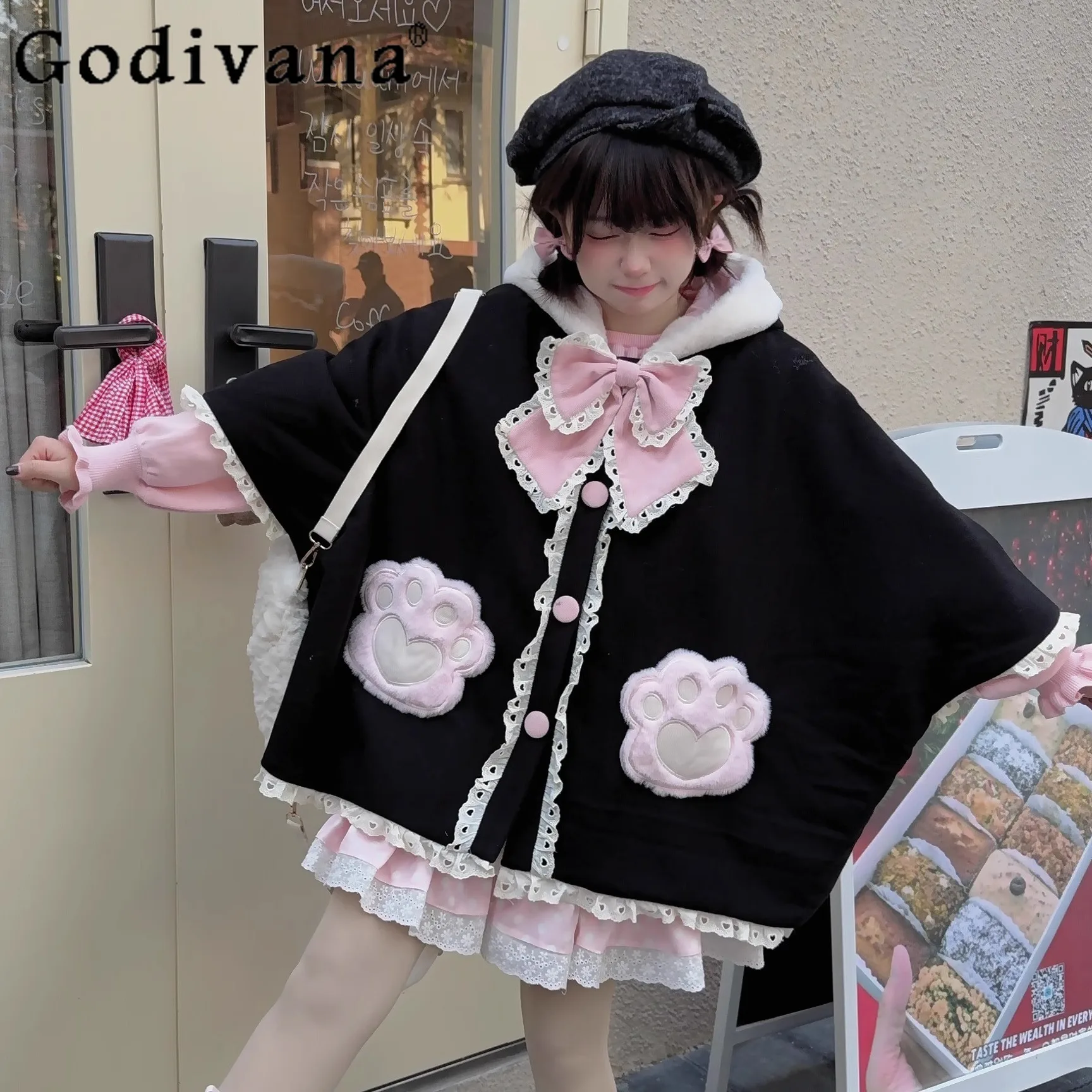 Оригинальные милые шерстяные накидки с рукавами «летучая мышь» для девочек, новые зимние женские теплые флисовые мягкие накидки с капюшоном, куртка Y2k, свободное шерстяное пончо