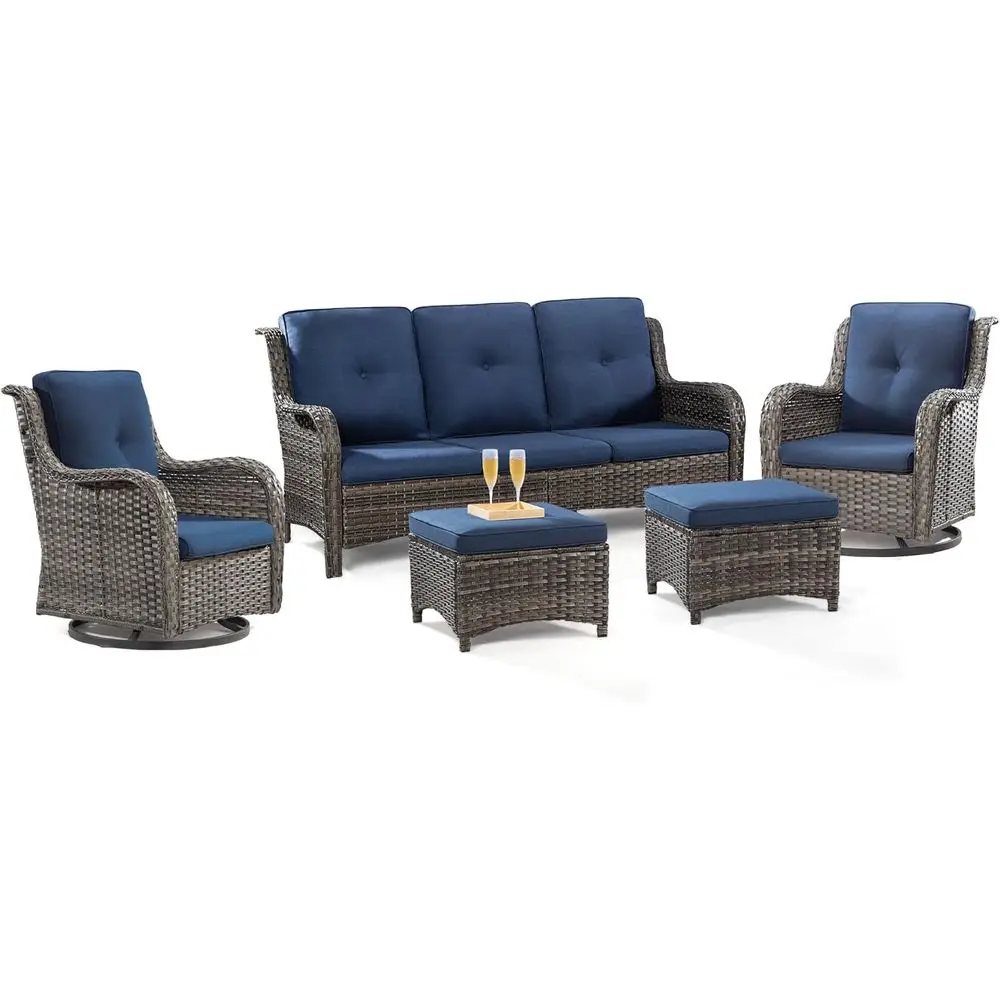 5-Piece Patio Furniture Set: Wicker Outdoor Sofa with Swivel Rocking Chairs, Ottomans, and Cushions (Mixed Grey/Blue)
5-Piece Patio Furniture Set: Wicker Outdoor Sofa with Swivel Rocking Chairs, Ottomans, and Cushions (Mixed Grey/Blue)