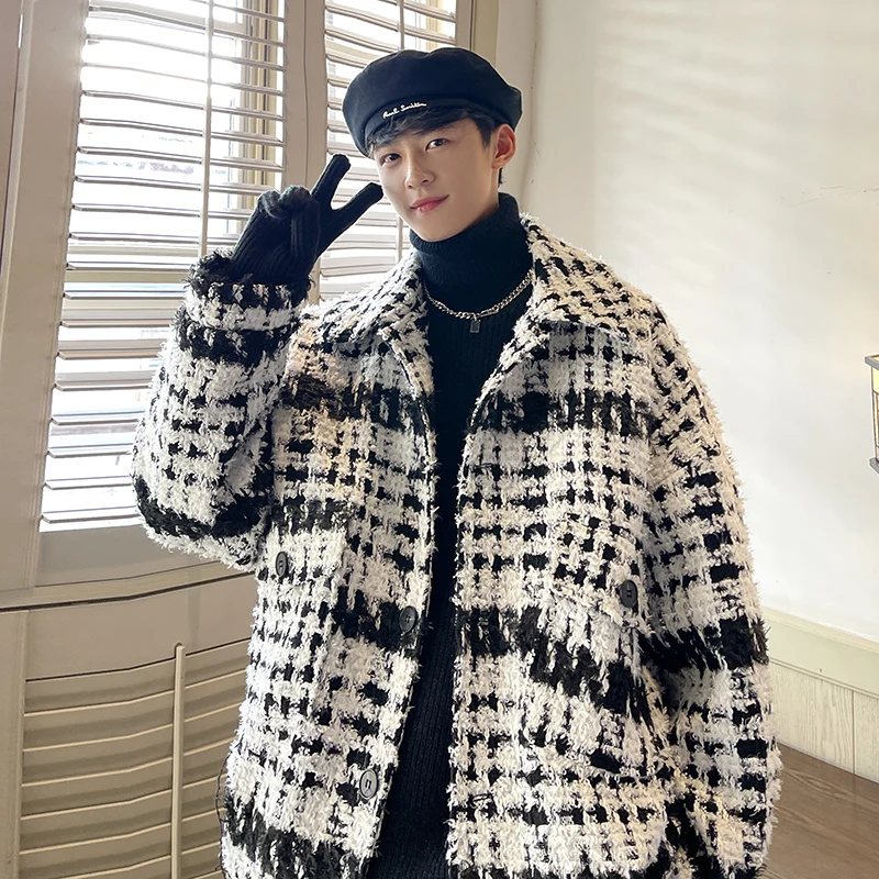 Preppy Sli Thiened Plaid Woolen Coat Spring Autumn Men's Faion Outerwear Korean Sle Long Sve Loose Fit Jaet
Preppy Sli Thiened Plaid Woolen Coat Spring Autumn Men's Faion Outerwear Korean Sle Long Sve Loose Fit Jaet