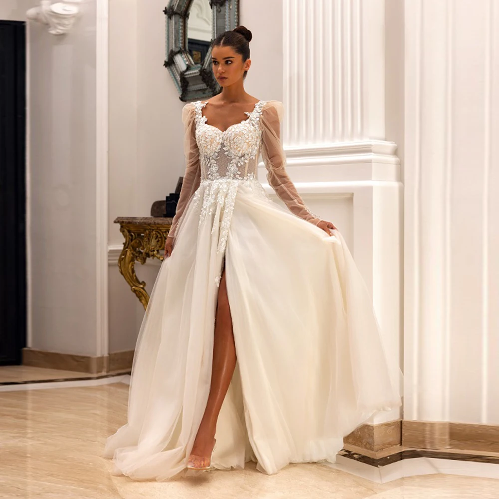 Graceful Sweetheart Collar Tulle A-line Bridal Dress Gown Appliques Lace Side High Slit Court Wedding Gown Long Illusion Sleeve
Graceful Sweetheart Collar Tulle A-line Bridal Dress Gown Appliques Lace Side High Slit Court Wedding Gown Long Illusion Sleeve