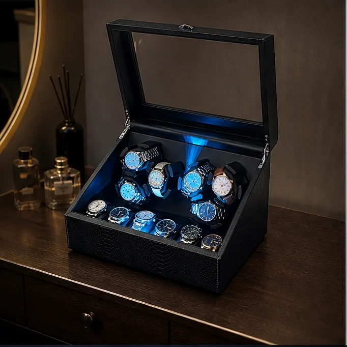 Crocodile Texture Leather 6+6 Watch Winder, Mabuchi Ultra Quiet Motor Auto Rotation Watch Box with LED Atmosphere Light
Crocodile Texture Leather 6+6 Watch Winder, Mabuchi Ultra Quiet Motor Auto Rotation Watch Box with LED Atmosphere Light