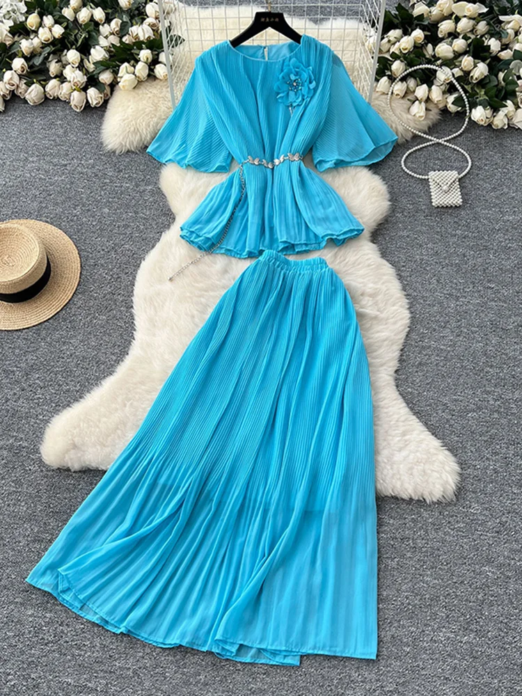 Women Summer Skirt Sets New Fashionable Three-dimensional Flower Short Sleeved Chiffon Top Pleated Skirt Two-piece Set C111
Women Summer Skirt Sets New Fashionable Three-dimensional Flower Short Sleeved Chiffon Top Pleated Skirt Two-piece Set C111