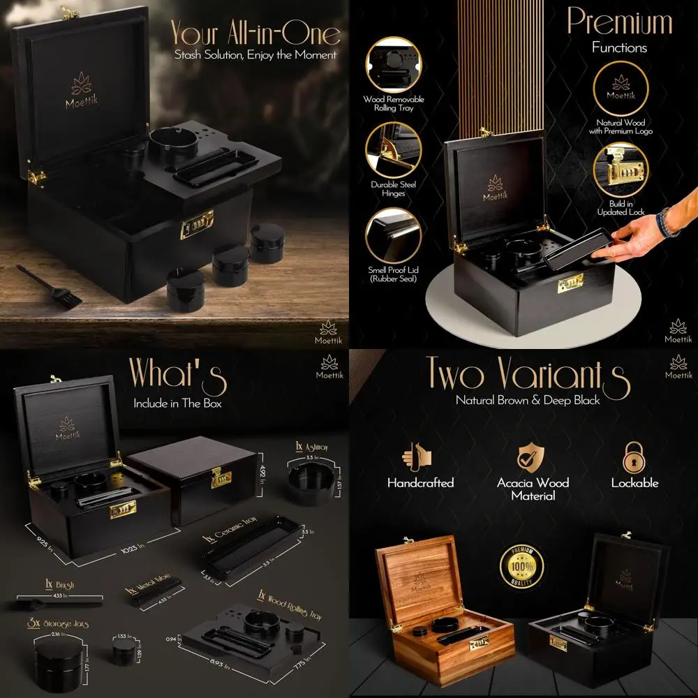 Acacia Wood Storage Box with Lock, Removable Tray, 3 Jars, Storage Tube, Ceramic Ashtray, and Accessories (Black)
Acacia Wood Storage Box with Lock, Removable Tray, 3 Jars, Storage Tube, Ceramic Ashtray, and Accessories (Black)