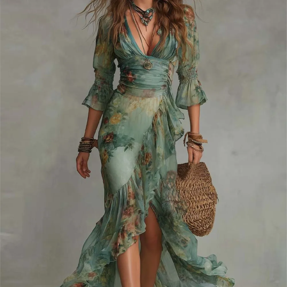 Sexy Elegant Dress For Spring Summer Retro Bohemian Print Holiday Style V-neck Lotus Leaf Sleeve Pleated Slit Irregular Dresses
Sexy Elegant Dress For Spring Summer Retro Bohemian Print Holiday Style V-neck Lotus Leaf Sleeve Pleated Slit Irregular Dresses