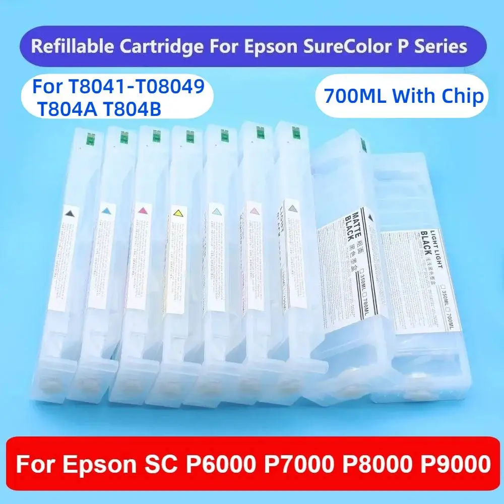 P6000 P7000 Rechargeable Ink Cartridges with Chips For Epson Surecolor P8000 P9000 Ink Cartridges T8041-T08049 T804A T804B 700ML
P6000 P7000 Rechargeable Ink Cartridges with Chips For Epson Surecolor P8000 P9000 Ink Cartridges T8041-T08049 T804A T804B 700ML