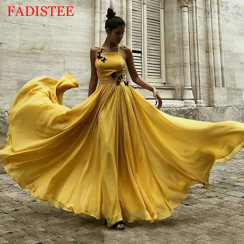 New Style Yellow Chiffon Spaghetti Straps Prom Dresses Sexy Backless Formal Party Dress Robe Soirée Femme
New Style Yellow Chiffon Spaghetti Straps Prom Dresses Sexy Backless Formal Party Dress Robe Soirée Femme