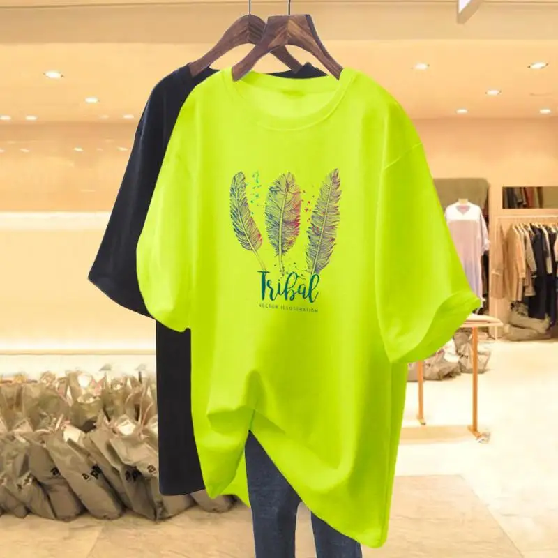 Summer European Style Chic Feather Printing T-shirts Women Pure Cotton Basic O-neck Short Sleeve Top Tee Loose Pullover 45-105Kg
Summer European Style Chic Feather Printing T-shirts Women Pure Cotton Basic O-neck Short Sleeve Top Tee Loose Pullover 45-105Kg