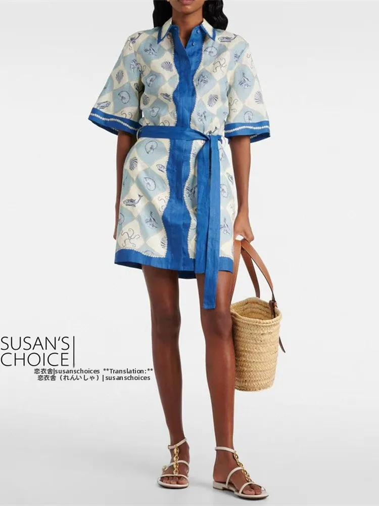 Susan Linyi Blue White Ocean Print Linen Short Sleeve Shirt Dress Casual Style Women's Summer Fashion Breathable Short Dress
Susan Linyi Blue White Ocean Print Linen Short Sleeve Shirt Dress Casual Style Women's Summer Fashion Breathable Short Dress