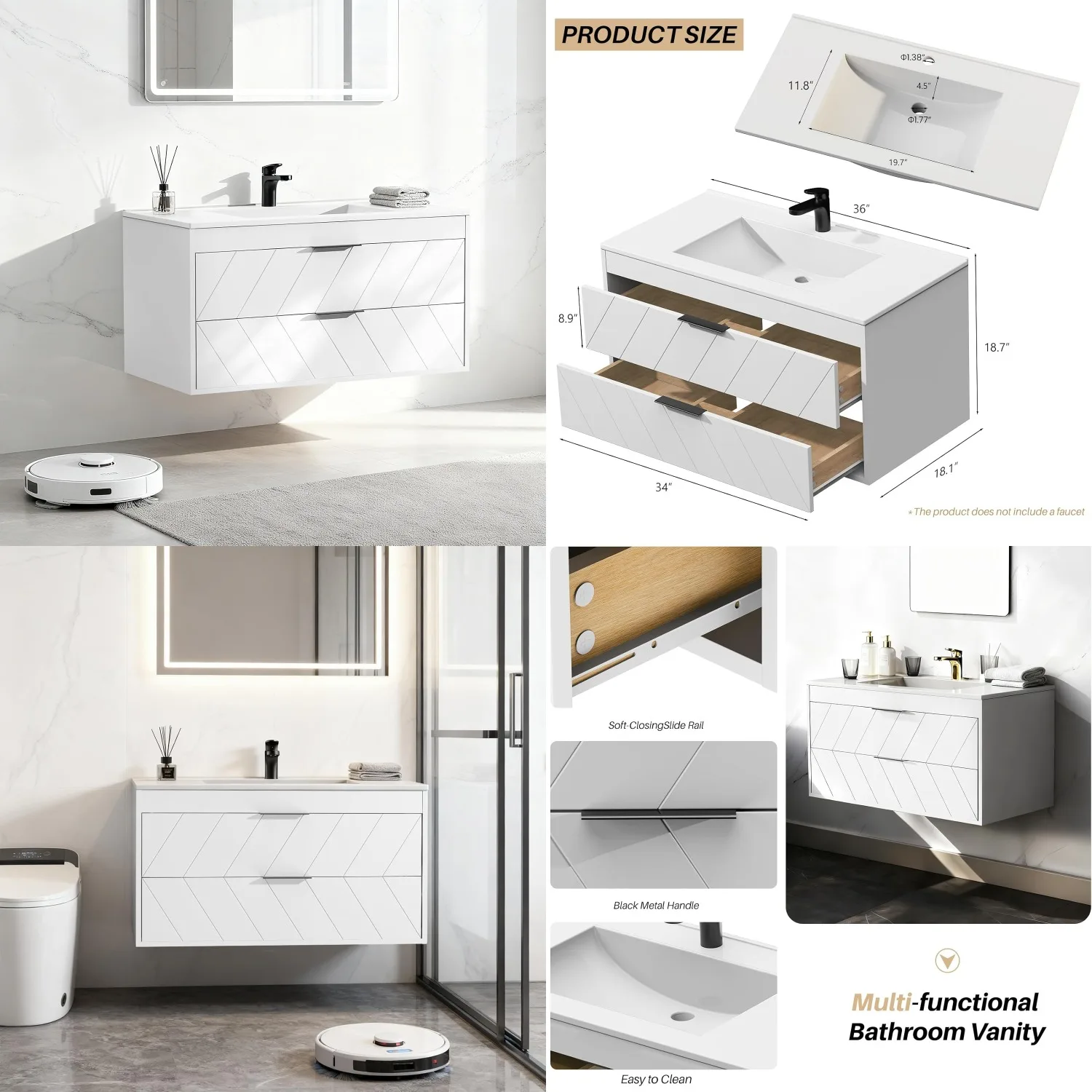 36in Floating Bathroom Vanity Resin Sink 2 Large Drawers Wood Grain Wall Mounted Metal Handles White Customized
36in Floating Bathroom Vanity Resin Sink 2 Large Drawers Wood Grain Wall Mounted Metal Handles White Customized