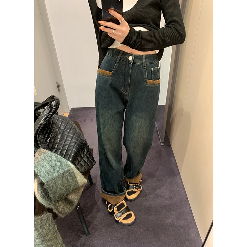American Sle Fce Lined Wide Leg Jeans Women's High Waist Loose Straight Long Trousers Autumn Winter Slimming Effect
American Sle Fce Lined Wide Leg Jeans Women's High Waist Loose Straight Long Trousers Autumn Winter Slimming Effect
