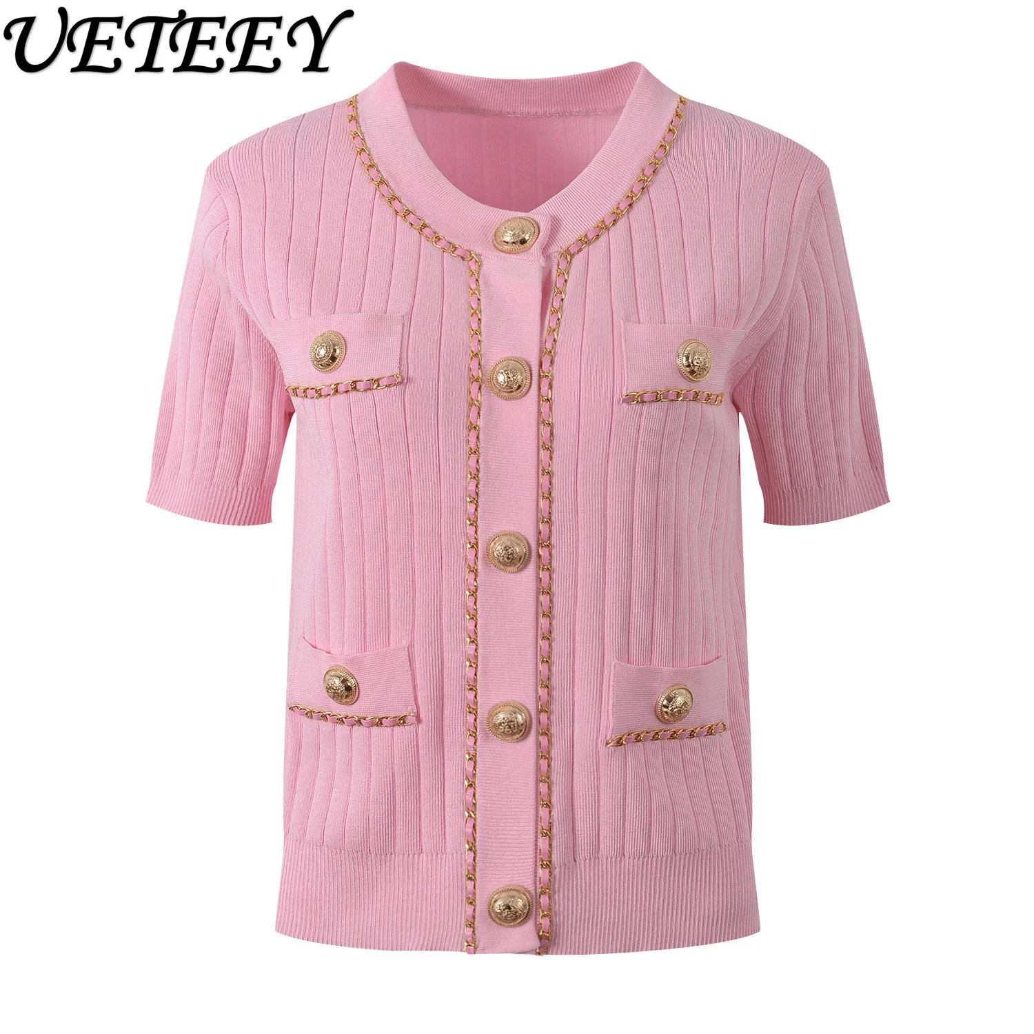 2025 Summer New French Niche Metal Buckle Short-sleeve Knitted Tshirt Cardigan Chain Ice Silk Slim Thin Short Knitwear T-shirt
2025 Summer New French Niche Metal Buckle Short-sleeve Knitted Tshirt Cardigan Chain Ice Silk Slim Thin Short Knitwear T-shirt