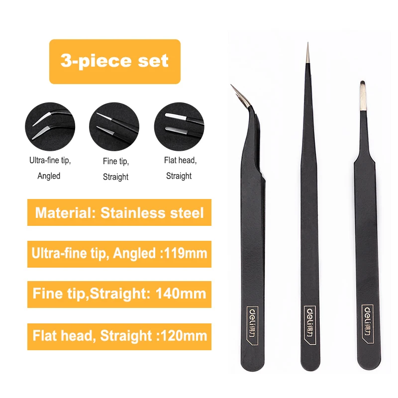 Deli 3 PCS Precision Tweezers Set ESD Anti Static Stainless Steel Tweezers Repair Tools for Electronics Repair Soldering Craft
Deli 3 PCS Precision Tweezers Set ESD Anti Static Stainless Steel Tweezers Repair Tools for Electronics Repair Soldering Craft