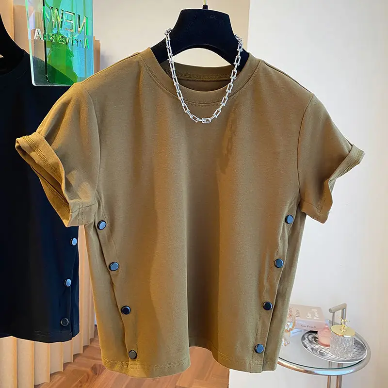 2025 Summer New Button Split O-neck T-shirts Y2k Short Sleeve Loose Tee Shirt Fashion High Waist White Tops Women
2025 Summer New Button Split O-neck T-shirts Y2k Short Sleeve Loose Tee Shirt Fashion High Waist White Tops Women