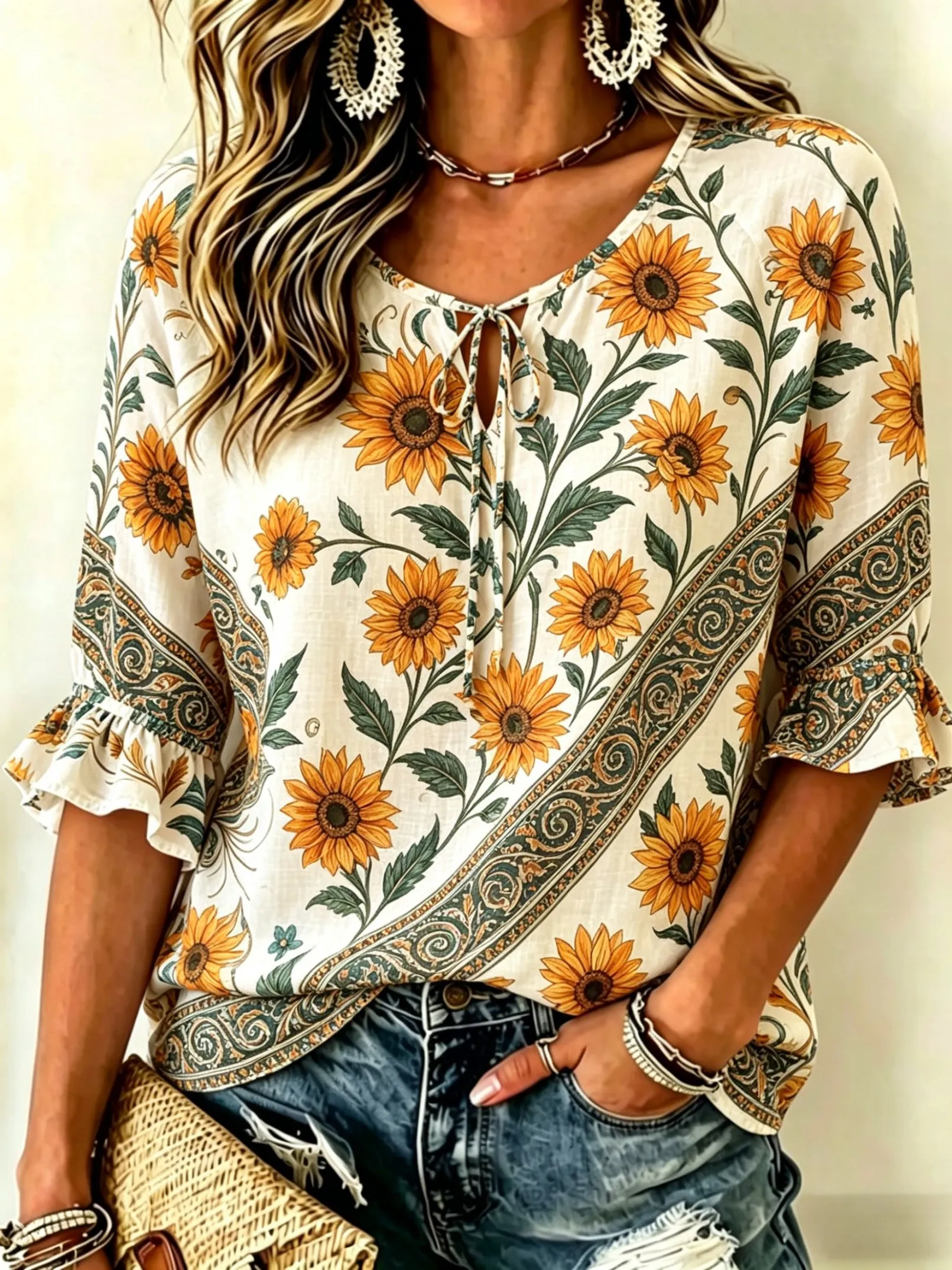 Women's Sunflower & Paisley Print Tie Front Blouse, Casual Loose Top for Spring Summer Daily Wear
Women's Sunflower & Paisley Print Tie Front Blouse, Casual Loose Top for Spring Summer Daily Wear