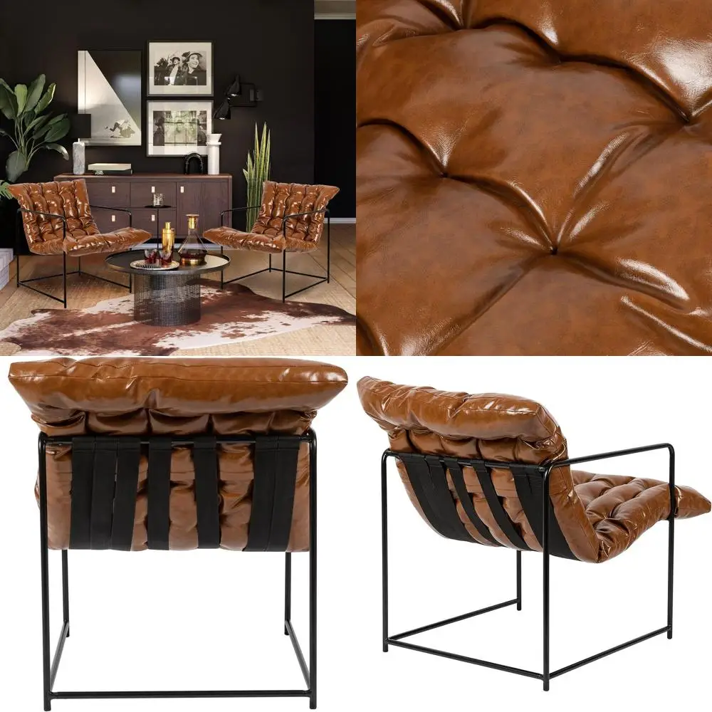 Brown PU Leather Mid-Century Modern Sling Chairs, Set of 2, for Living, Bedroom, Office with Black Metal Base
Brown PU Leather Mid-Century Modern Sling Chairs, Set of 2, for Living, Bedroom, Office with Black Metal Base