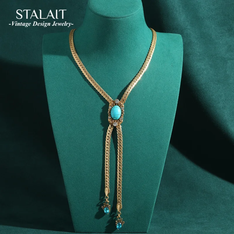 Vintage Statement Necklace Designer Long Blue Natural Stone Green Pine Y-Shaped Pendant Woman Snake Chain Jewelry Accessories
Vintage Statement Necklace Designer Long Blue Natural Stone Green Pine Y-Shaped Pendant Woman Snake Chain Jewelry Accessories