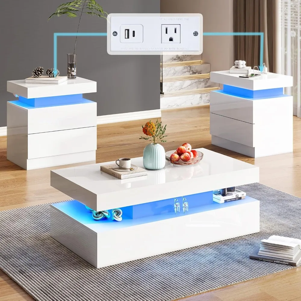 High Gloss 3 Pieces Living Room Table Set, Modern LED Coffee Tables Sets of 3, 2-Tier Center Table with 2 End Side Tables
High Gloss 3 Pieces Living Room Table Set, Modern LED Coffee Tables Sets of 3, 2-Tier Center Table with 2 End Side Tables