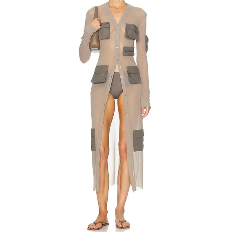 Women's windbreaker 2024 autumn multi pocket decorative long women's jacket Half transparent mesh Sunscreen clothing Thin coat
Women's windbreaker 2024 autumn multi pocket decorative long women's jacket Half transparent mesh Sunscreen clothing Thin coat