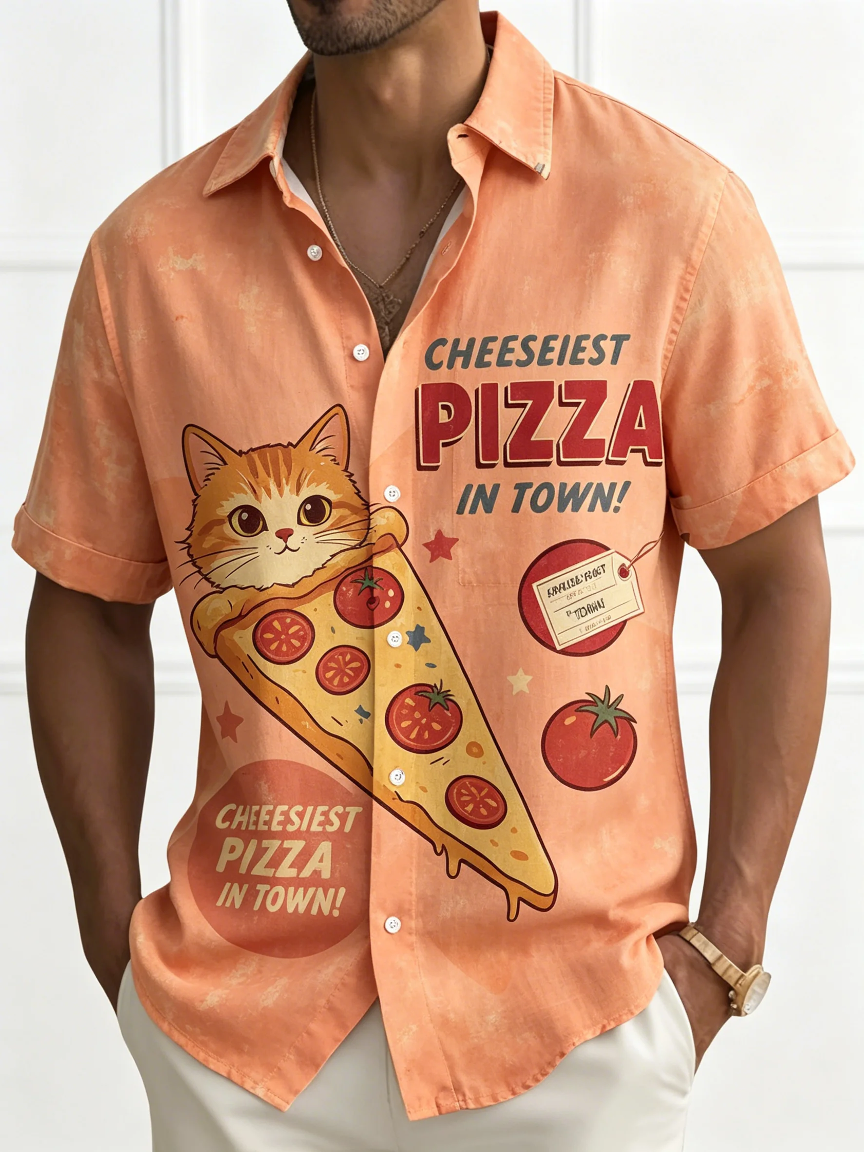 Men's Peach Retro Cat Pizza Graphic Print Button Up Shirt, Turndown Collar Tops for Spring Summer Casual Daily Streetwear Wear
Men's Peach Retro Cat Pizza Graphic Print Button Up Shirt, Turndown Collar Tops for Spring Summer Casual Daily Streetwear Wear
