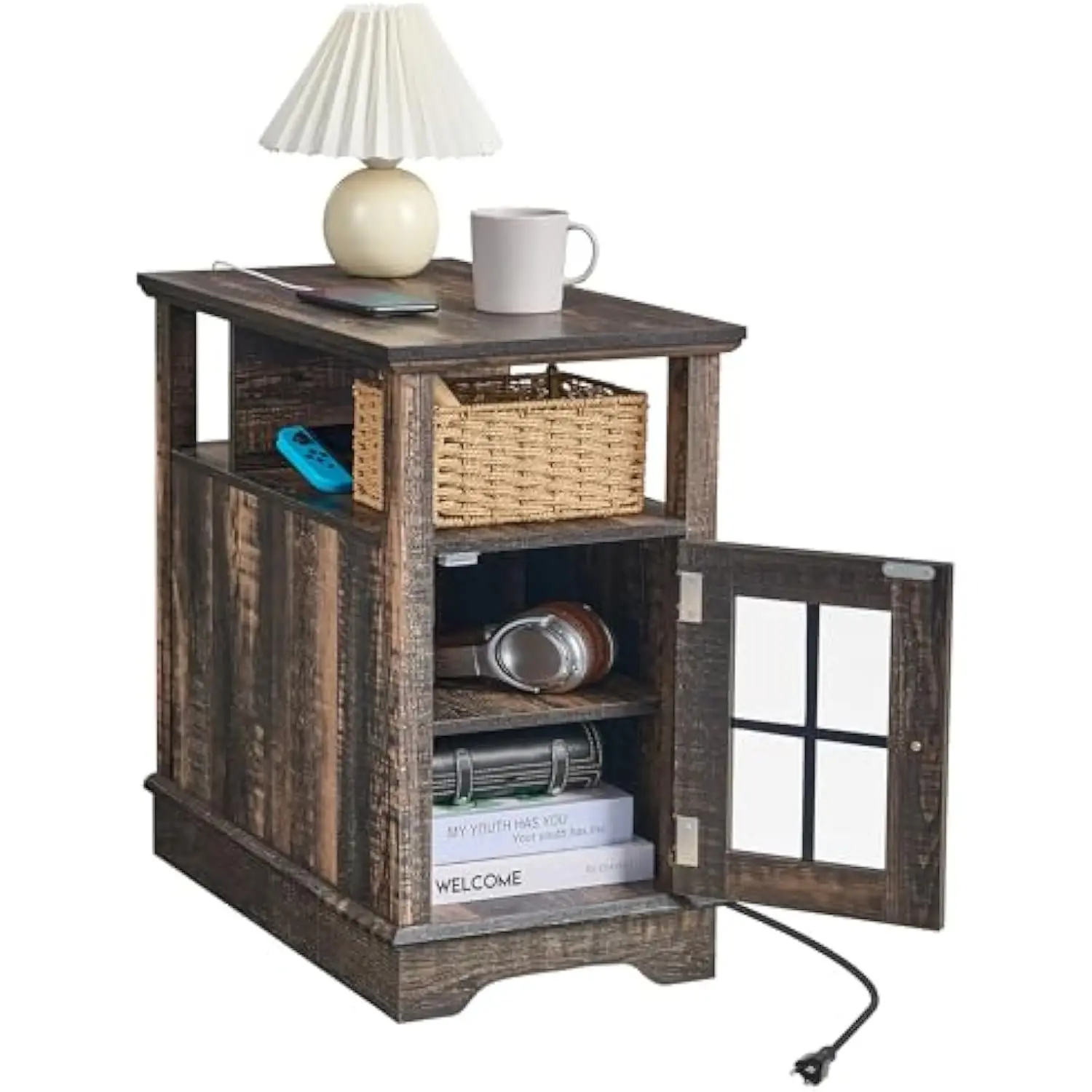 Vintage Brown End Table with Rear Charging Station, 2 Ac Outlets & 2 USB Ports, Spacious Storage Cabinet with Magnetic Door, Op
Vintage Brown End Table with Rear Charging Station, 2 Ac Outlets & 2 USB Ports, Spacious Storage Cabinet with Magnetic Door, Op