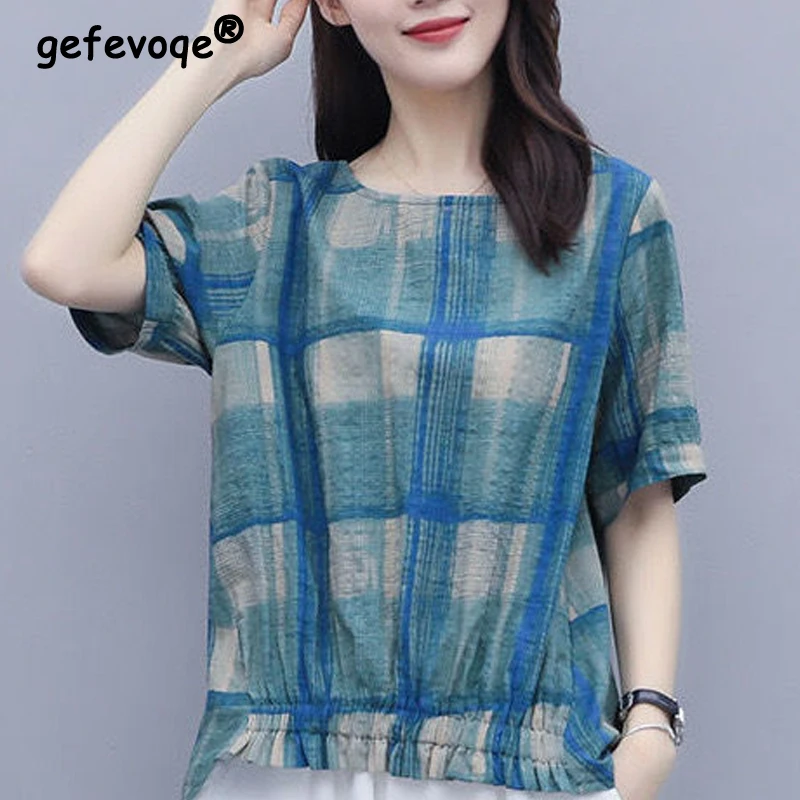 Women Vintage Plaid Print Asymmetrical Blouses Summer Trendy Round Neck Short Sleeve Shirts Simple Casual Tops Blusas Para Mujer
Women Vintage Plaid Print Asymmetrical Blouses Summer Trendy Round Neck Short Sleeve Shirts Simple Casual Tops Blusas Para Mujer