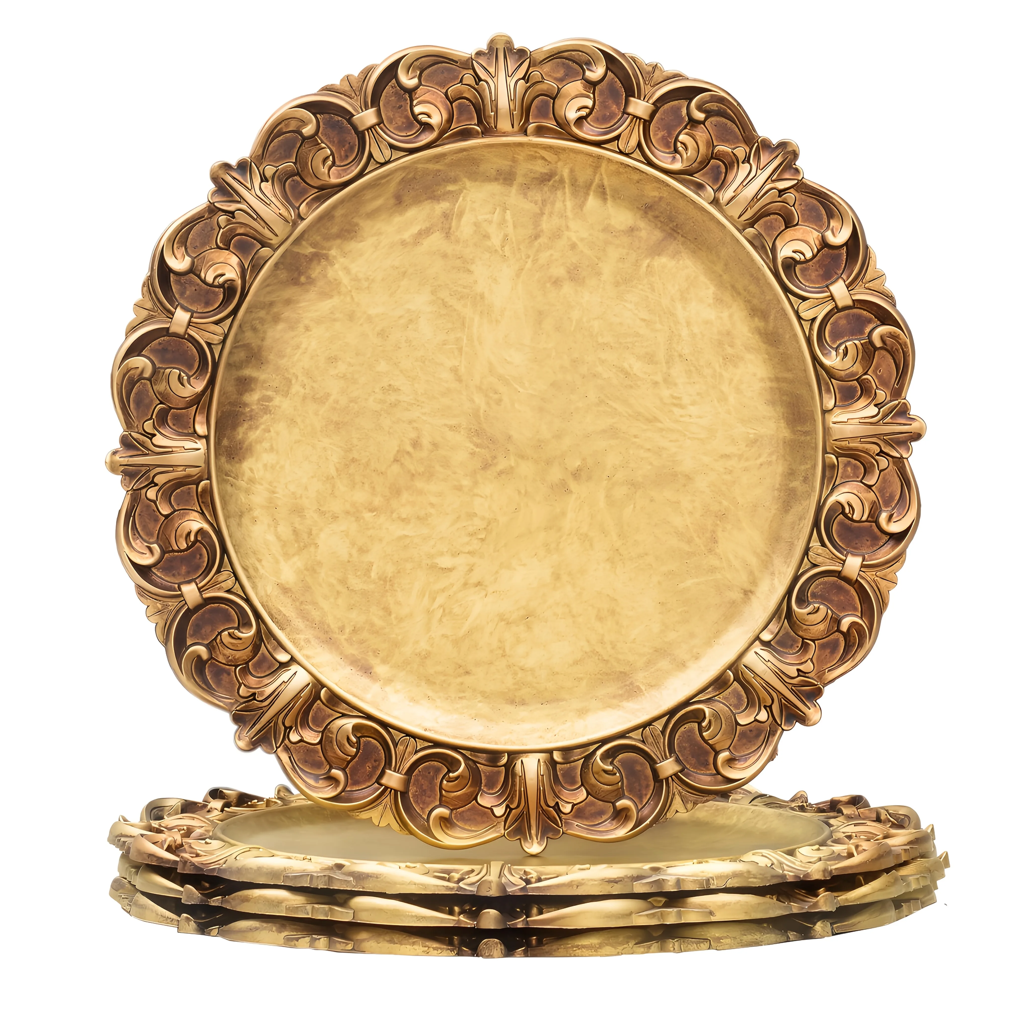 13 Inches Vintage Golden Round Charger Plates with Embossed Edge Set of 4 - Plastic Decorative Plates for Wedding and Dining Table Setting
13 Inches Vintage Golden Round Charger Plates with Embossed Edge Set of 4 - Plastic Decorative Plates for Wedding and Dining Table Setting