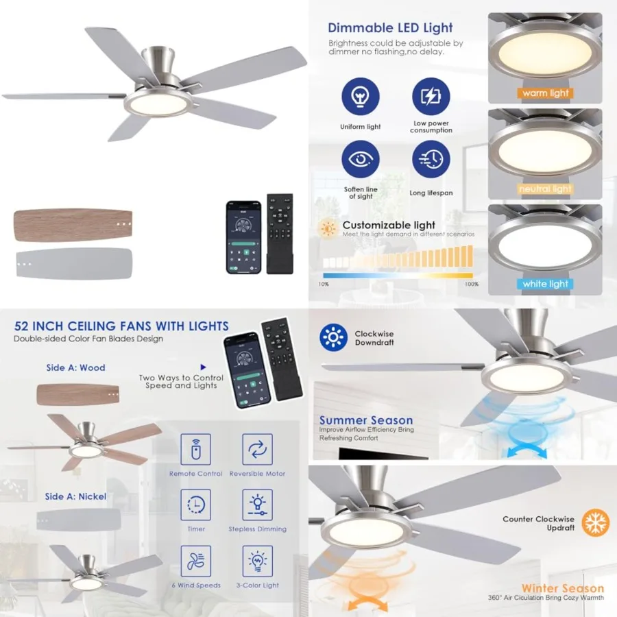 52" Ceiling Fan with Lights and Remote/APP - Flush Mount Low Profile Ceiling Fan Light with 3CCT Dimmable, 6 Speeds Reversible,
52" Ceiling Fan with Lights and Remote/APP - Flush Mount Low Profile Ceiling Fan Light with 3CCT Dimmable, 6 Speeds Reversible,