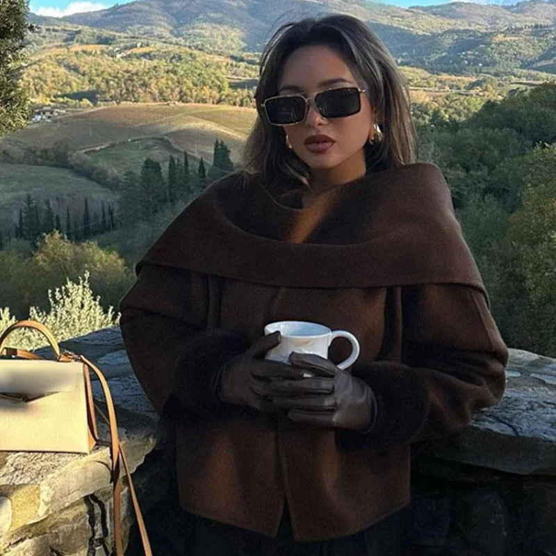Fashion Scarf Collar Woolen Blends Jackets Women Elegant Long Sleeve Split Hem Loose Short Coats Fashion Autumn Lady Outerwear
Fashion Scarf Collar Woolen Blends Jackets Women Elegant Long Sleeve Split Hem Loose Short Coats Fashion Autumn Lady Outerwear