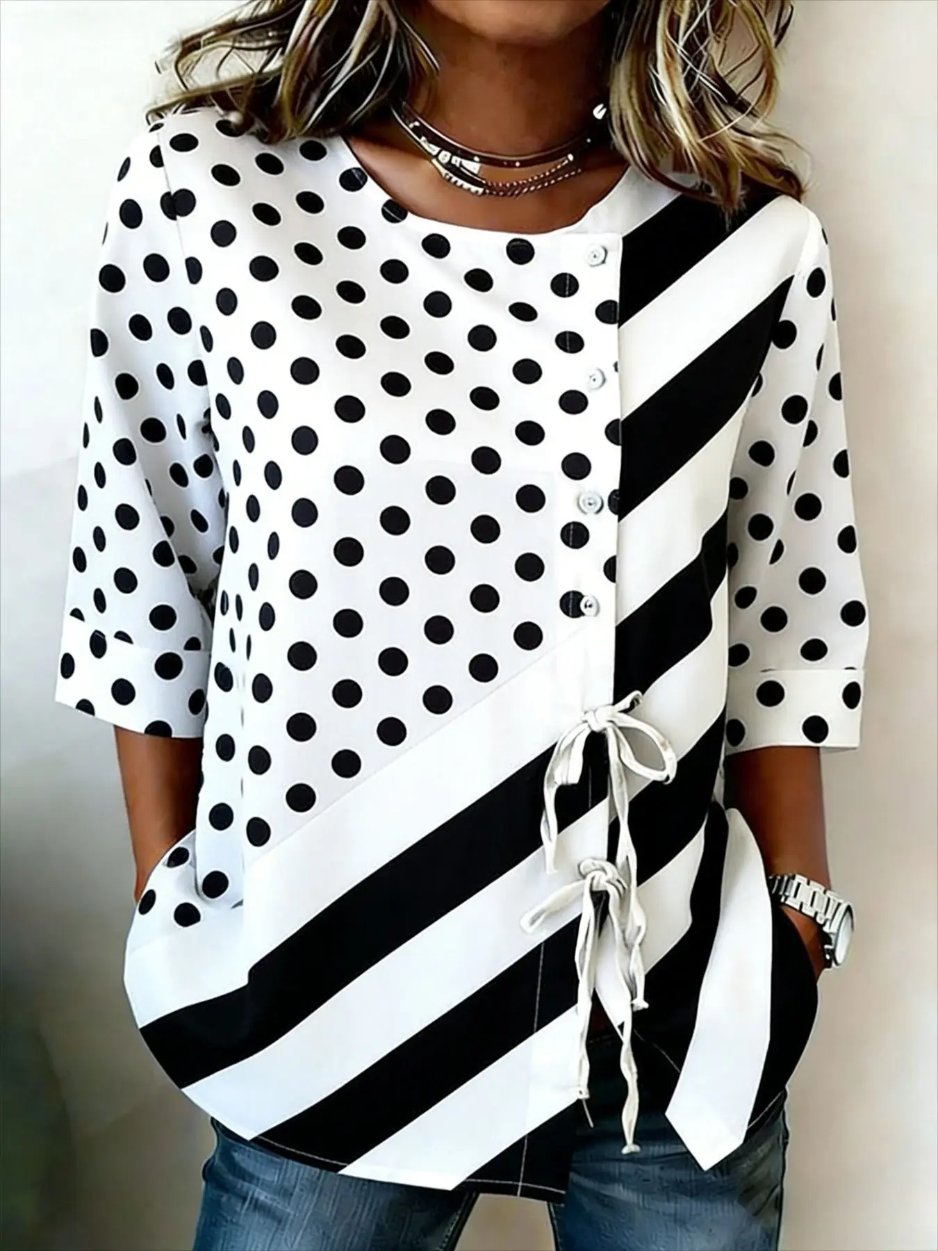 Women's Polka Dot & Stripe Print Drawstring Button Up Blouse, Casual Round Neck Tops for Spring Summer Daily Vacation Wear
Women's Polka Dot & Stripe Print Drawstring Button Up Blouse, Casual Round Neck Tops for Spring Summer Daily Vacation Wear