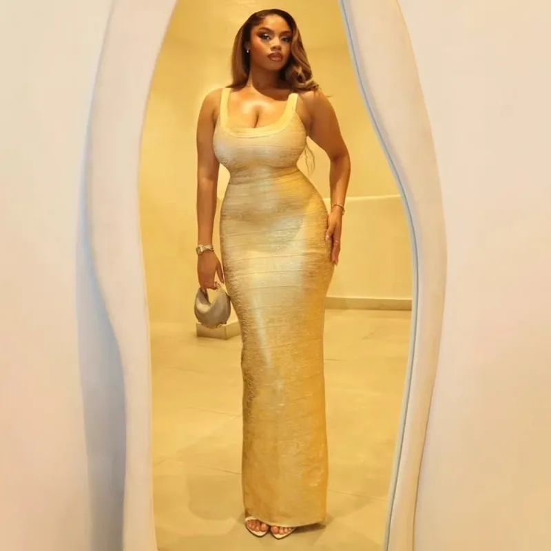 Luxury Elegant Golden Bandage Maxi Dress Women Sleeveless Spaghetti Straps Backless Slim Bodycon Party Long Robe Evening Gown
Luxury Elegant Golden Bandage Maxi Dress Women Sleeveless Spaghetti Straps Backless Slim Bodycon Party Long Robe Evening Gown