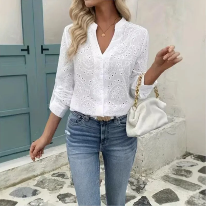 Elegant Hollow Out Design Women's Solid Shirt Spring Autumn Fashion Long Sleeved Loose Versatile Top Y2k Ladies V-neck Blouses
Elegant Hollow Out Design Women's Solid Shirt Spring Autumn Fashion Long Sleeved Loose Versatile Top Y2k Ladies V-neck Blouses