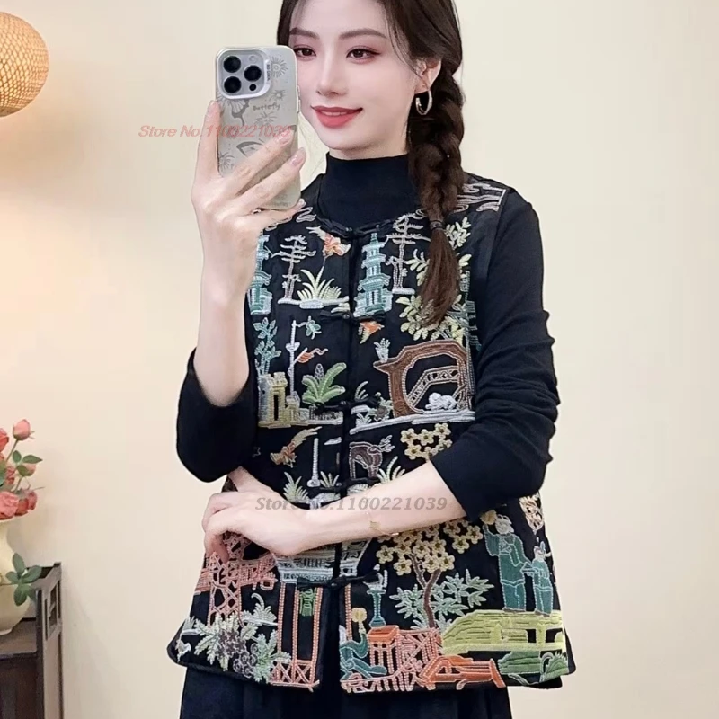 2025 г., атласный жаккардовый жилет с национальной цветочной вышивкой, традиционный китайский жилет с хлопковой подкладкой и круглым вырезом, этническая куртка без рукавов, жилет 
2025 г., атласный жаккардовый жилет с национальной цветочной вышивкой, традиционный китайский жилет с хлопковой подкладкой и круглым вырезом, этническая куртка без рукавов, жилет