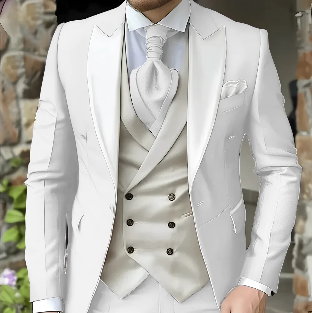 White Classic Men Suit 3 Piece Tuxedo Peaked Lapel Groomsmen Wedding Suits Set Fashion Men Business Blazer Pants Vest
White Classic Men Suit 3 Piece Tuxedo Peaked Lapel Groomsmen Wedding Suits Set Fashion Men Business Blazer Pants Vest