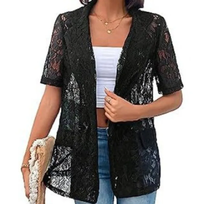 New Women's Shirts Flower Lace Front Open Perspective Shirt with Lapel Short Sleeve Casual Jacket for Women
New Women's Shirts Flower Lace Front Open Perspective Shirt with Lapel Short Sleeve Casual Jacket for Women