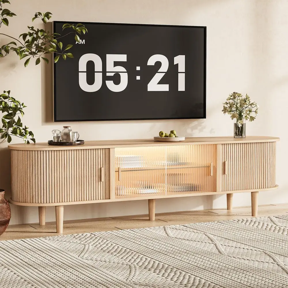 Fluted TV Stand with LED Lights for TVs up to 75 Inch, Mid Century Modern Entertainment Center with Sliding Doors amp Glass She
Fluted TV Stand with LED Lights for TVs up to 75 Inch, Mid Century Modern Entertainment Center with Sliding Doors amp Glass She