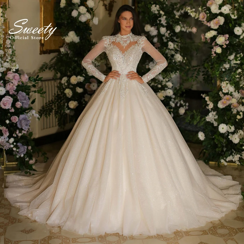 Luxurious Wedding Dress Embroidered Lace On Net With Sequins Ball Gown High-Neck Full Sleeve Bride Dress Button Vestido De Novia
Luxurious Wedding Dress Embroidered Lace On Net With Sequins Ball Gown High-Neck Full Sleeve Bride Dress Button Vestido De Novia