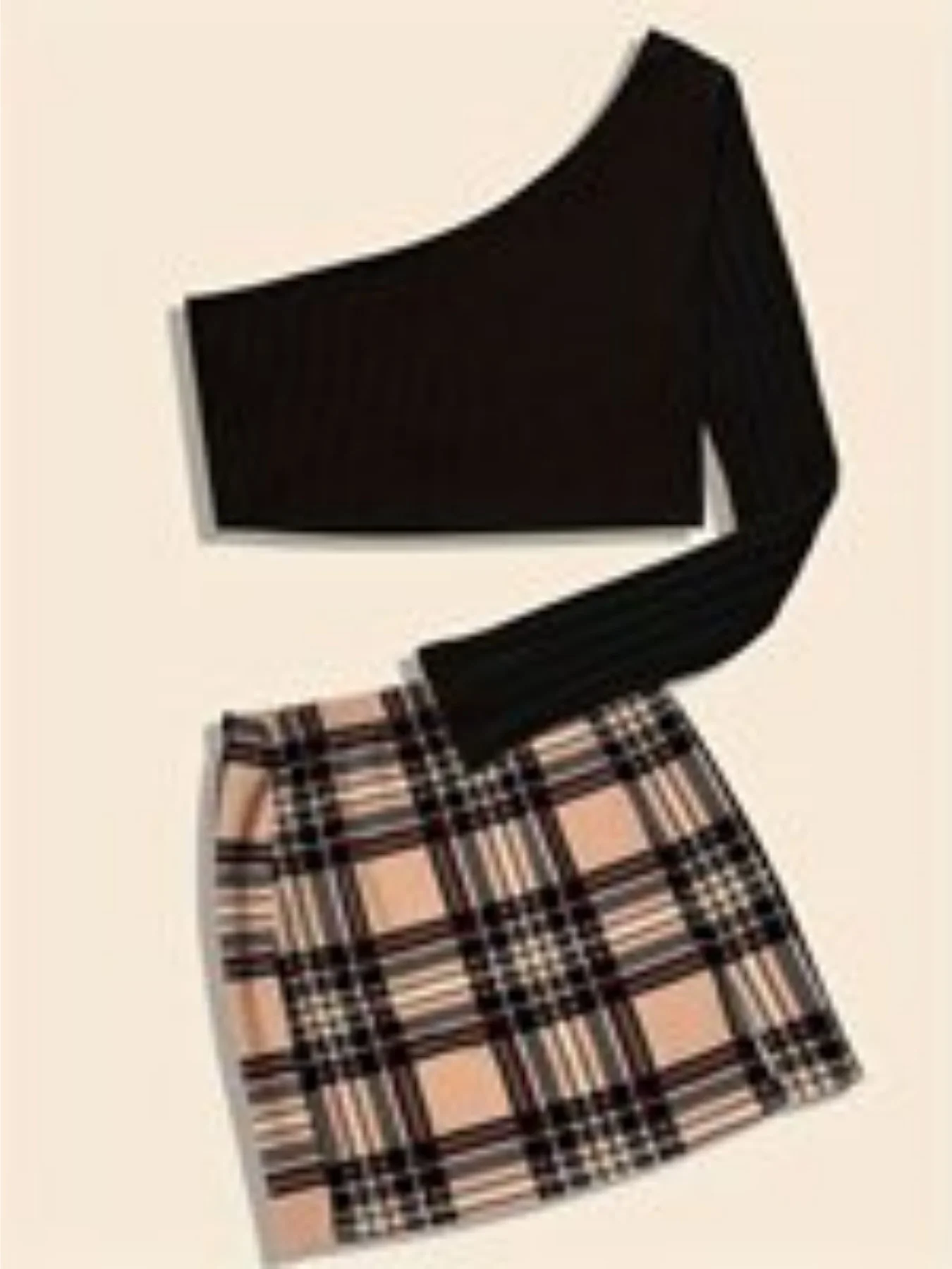 Women Black One Shoulder Single Long Sleeve Ribbed Cropped Top & Khaki Plaid High Waist A Line Mini Skirt 2 Piece Outfit Slim Fi
Women Black One Shoulder Single Long Sleeve Ribbed Cropped Top & Khaki Plaid High Waist A Line Mini Skirt 2 Piece Outfit Slim Fi