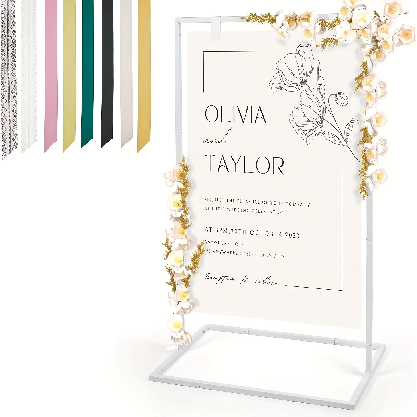 1pc Elegant White Iron Wedding Sign Holder with Golden Floral Accents - Matte Finish, Faux Leather Straps for Hanging, Ideal for Wedding Decorations and Party Displays, Wedding Decorations
1pc Elegant White Iron Wedding Sign Holder with Golden Floral Accents - Matte Finish, Faux Leather Straps for Hanging, Ideal for Wedding Decorations and Party Displays, Wedding Decorations